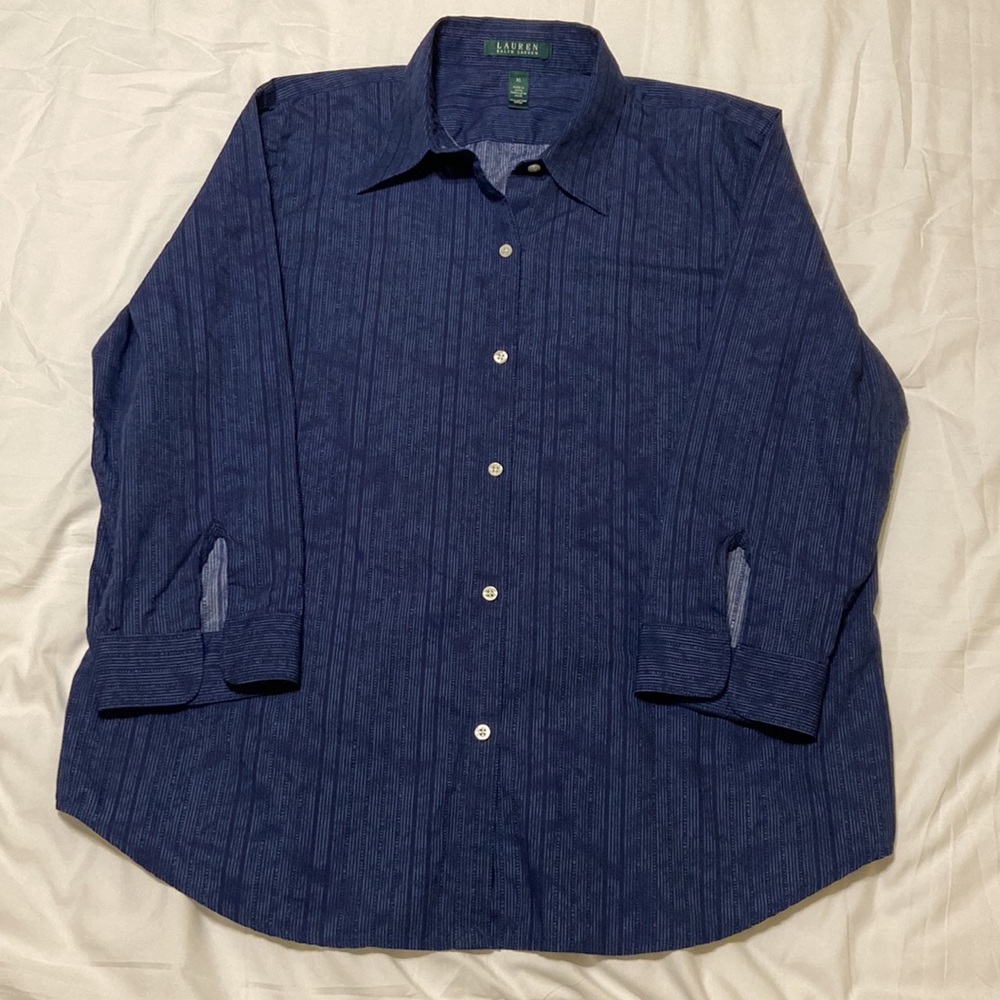 Ralph Lauren Blue Button Down Shirt XL Textured 3/4 Sleeve Classic Lightweight